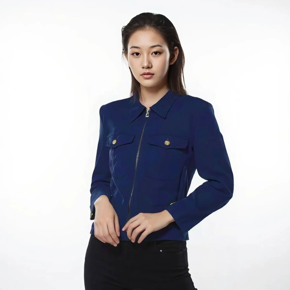 Vintage 90's Liz Claiborne Navy Blue Adjustable Crop Military Jacket Coat M 6